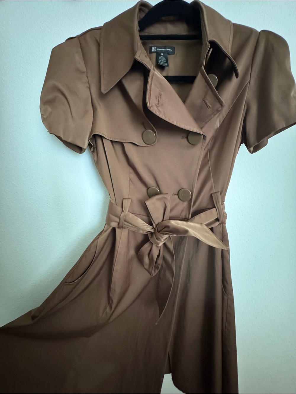 INC International Concepts Brown Short-Sleeve Trench Midi with Tie Belt - Picture 2 of 4